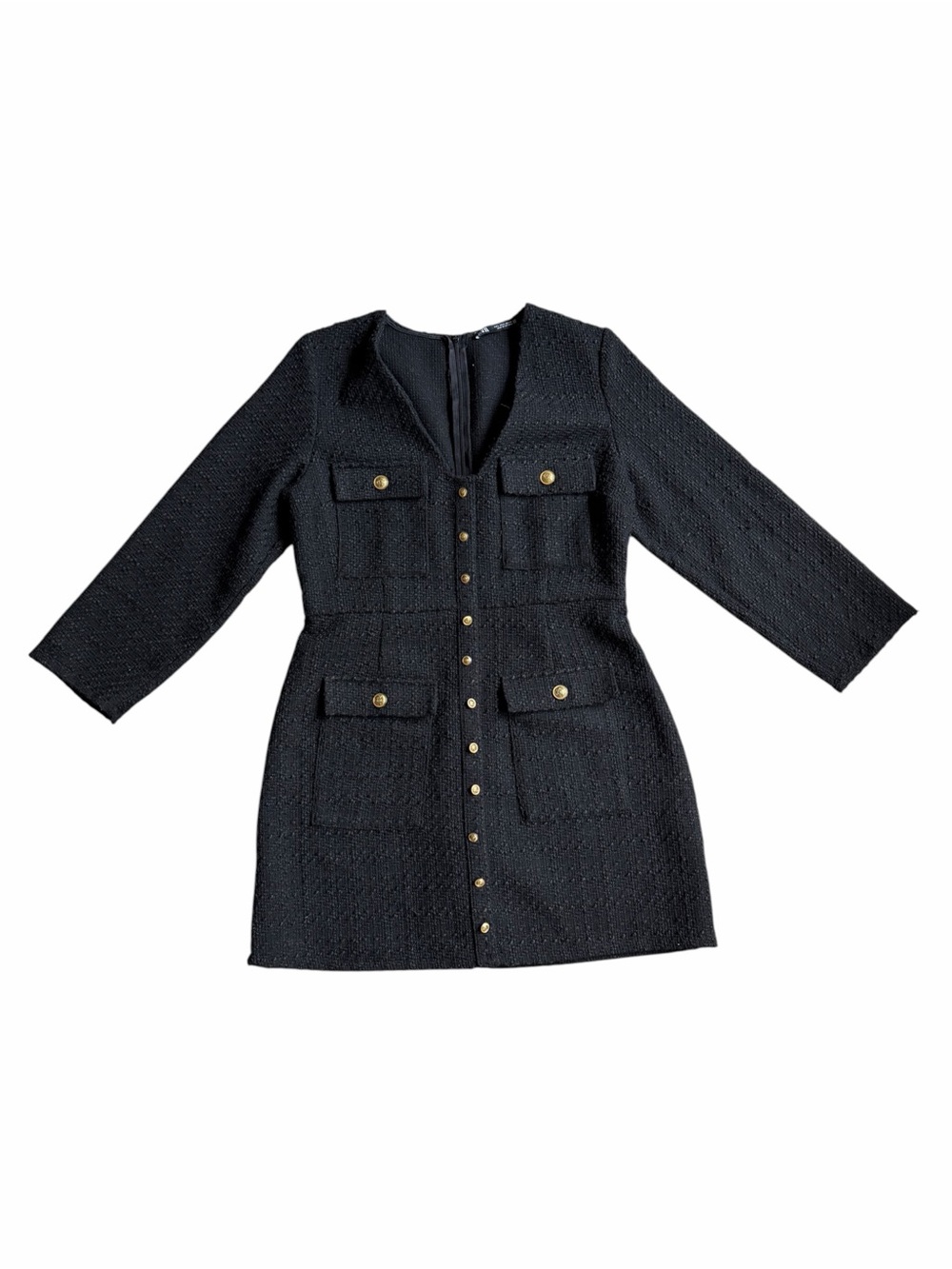 Zara Textured Tweed V Neck Gold Buttons Wool Blend Long Sleeve Mini Dress